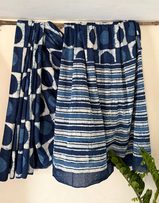 Indigo hand block print mul cotton saree for daily wear 