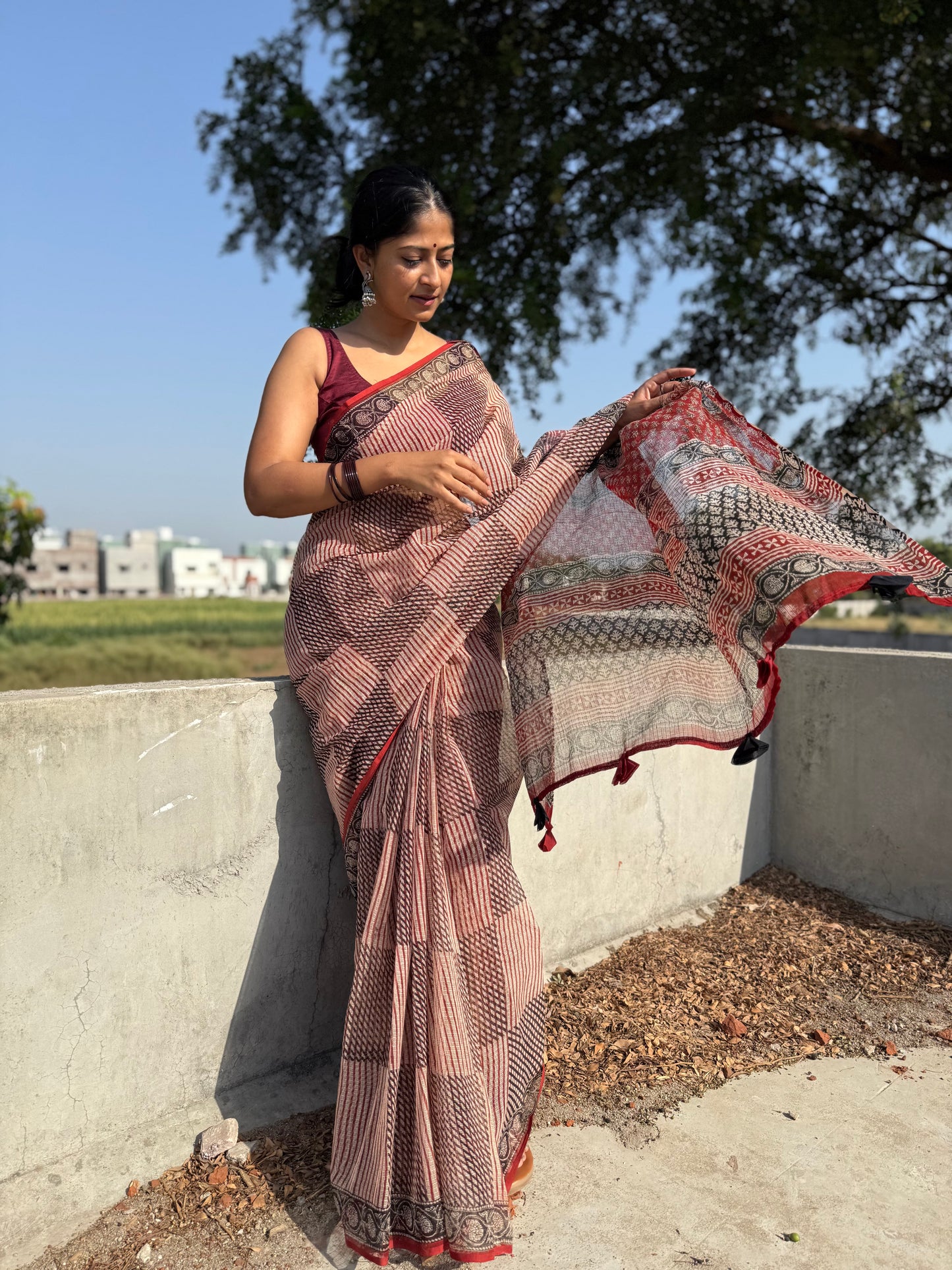 Crimson Grid Saree