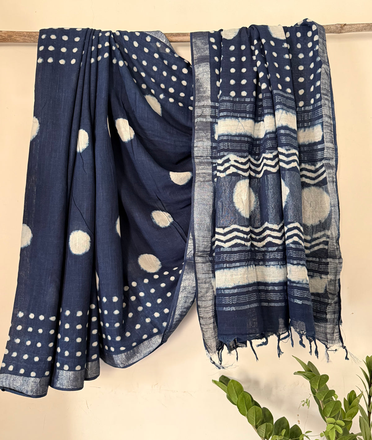 Indigo dot print saree for daily wear in cotton linen blend with silver zari border 